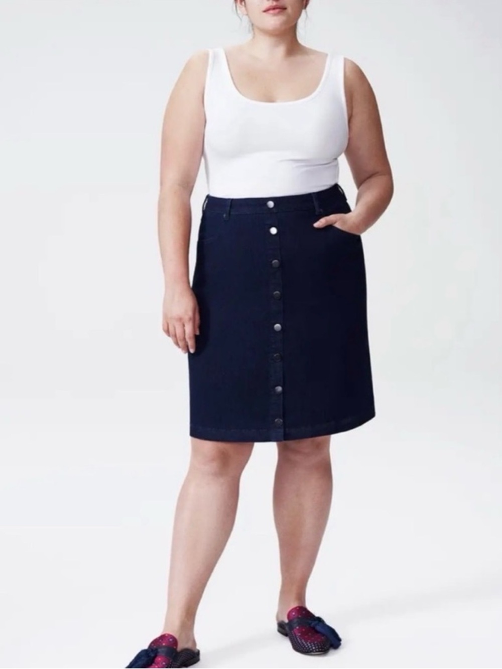 Universal Standard Dark Navy Button-Front Midi Skirt
